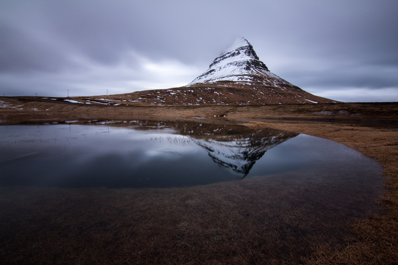 river, the sky, Iceland, grey, the volcano, 1080P, mountain, clouds, Kirkjufell