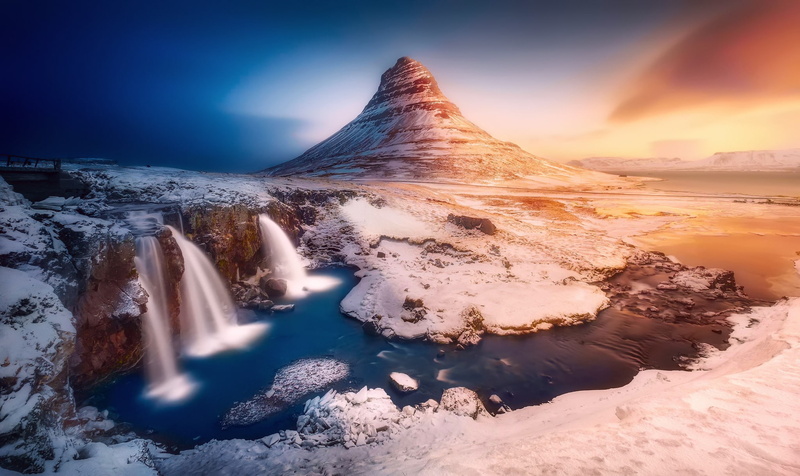 snow, mountain Kirkjufell, waterfalls, rocks, water, river, Iceland, light, stones, 1080P, winter