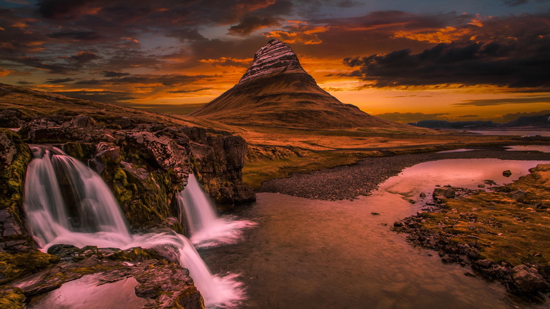 orange color, scenics - nature, grundarfjorour, kirkjufell waterfalls, tranquility, nature, church mountain, formation, outdoors, 4K, waterfall, evening