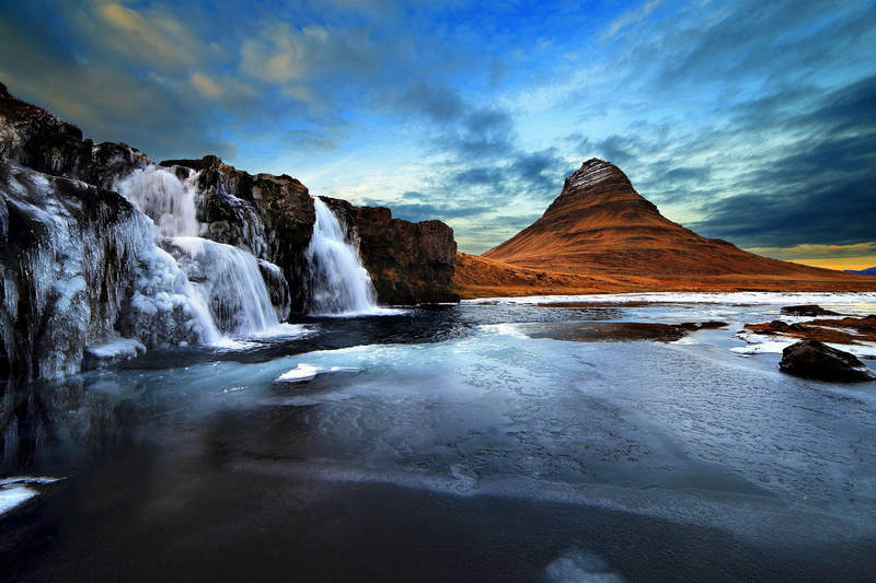 ocean, Winter, iceland, ice, Mountain, Waterfall, 5K, sea, kirkjufell