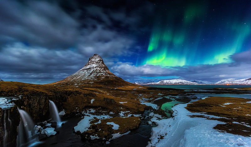 the volcano, Northern lights, snow, Kirkjufell, 1080P, rocks, Iceland, mountain, waterfall, night
