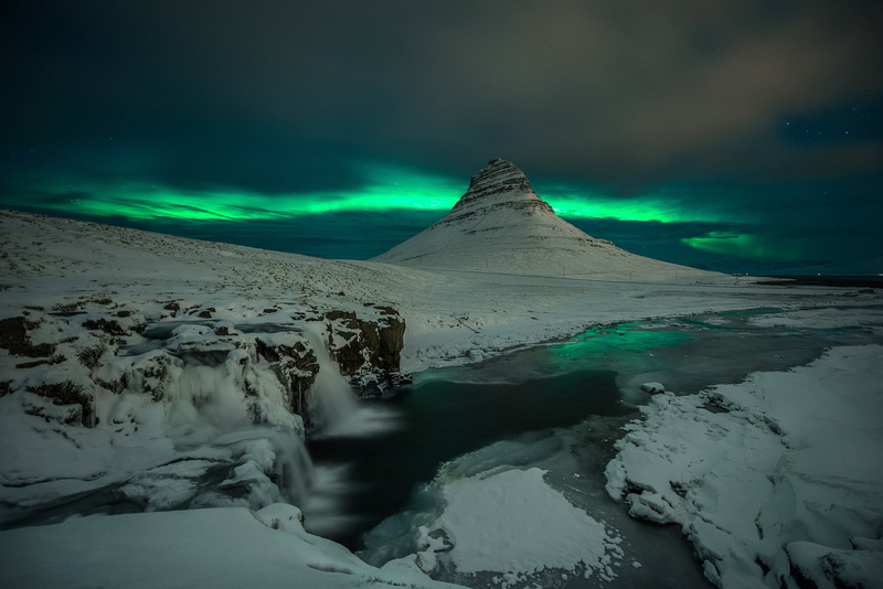 lights, ice, scenics - nature, glacier, snowcapped mountain, tranquility, aurora polaris, Kirkjufell, aurora, no people, cold temperature, nature, Northern lights