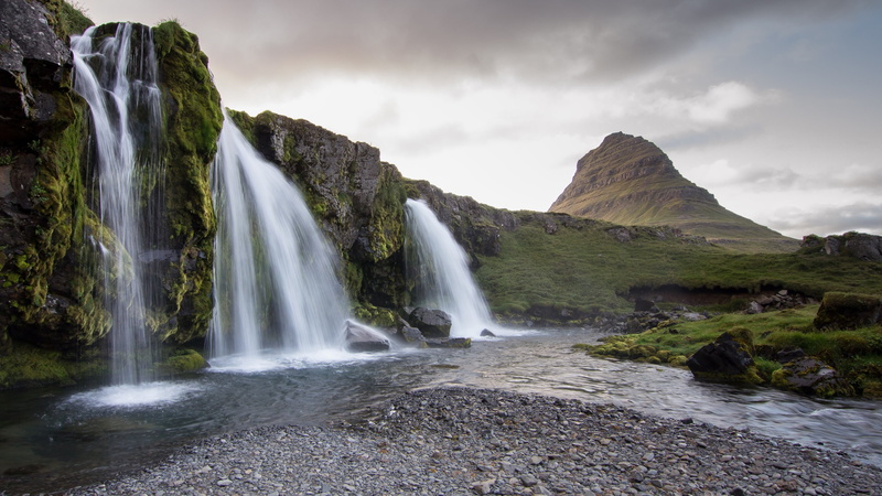 nature, mountain, sky, kirkjufell waterfalls, chute, grundarfjorour, waterfall, body of water, hill station, iceland, water, kirkjufell mountain, landscape