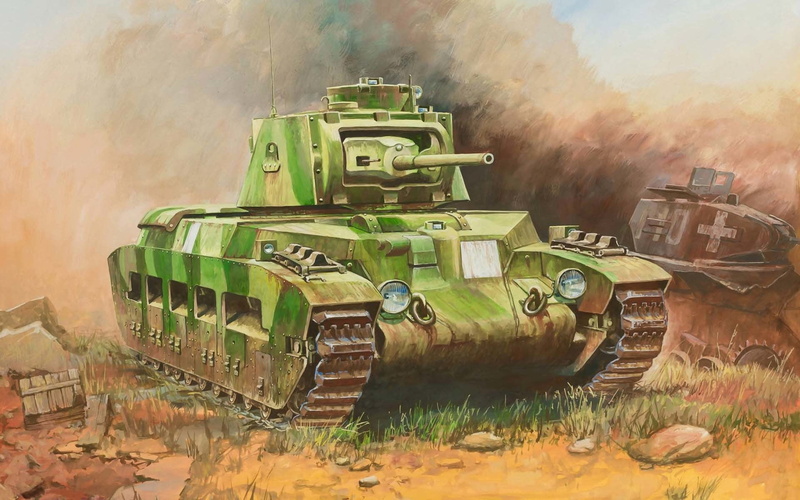 1080P, infantry, day, tank, fighting, outdoors, no people, war, WW2., military, Matilda II, art, old, green, mode of transportation, average, dust, battle