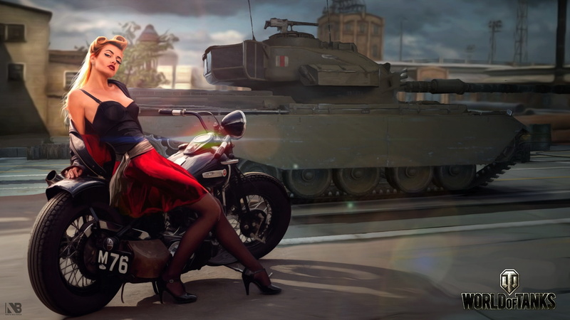 the city, tank, bike, motorcycle, British, average, road, World of Tanks, Nikita Bolyakov, figure, girl, Centurion Action X, art, 1080P