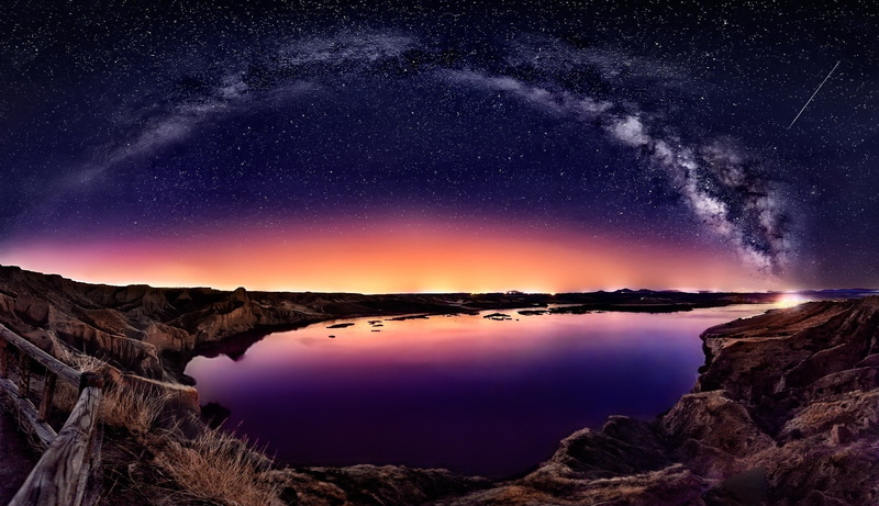 starry night, fence, comet, nature, 1080P, water, long exposure, landscape, galaxy, Milky Way, coast, bay