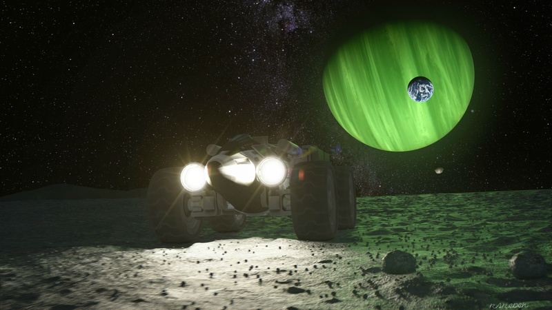 lighting equipment, Kerbal Space Program, illuminated, Mun Rover, sand, water, sky, space, Mun, green color, lens flare, outdoors, night, sea, Rover, 2K