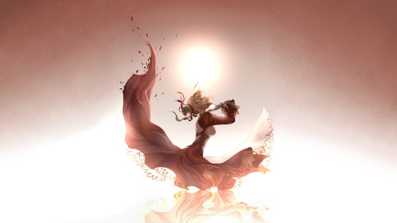 Saber Extra, brown, dagger, anime, Fate Series, 2K, anime girls, red dress, Saber, Type-Moon, tears