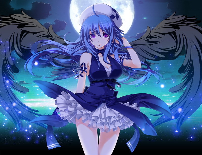 art, space, night, blue, girls, anime, x, hat, 720P, pangya, moons, moon, wings, hair, hd