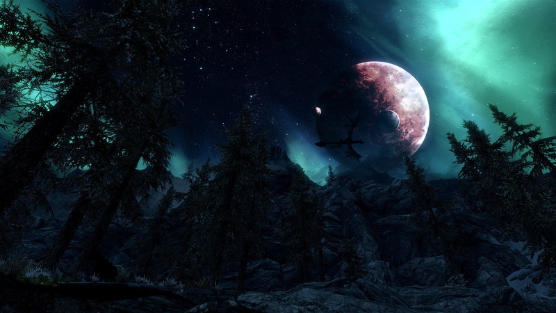 x, art, 1080P, w, horses, Video Games, animals, games, scrolls, skyrim, v, moon, video, hd, elder, dragons, night