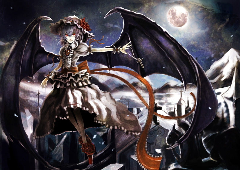purple, Landscapes, Touhou, anime, art, moons, moon, vam, remilia, hair, dress, wings, girls, hd, space, 2K, hats, short, night, scarlet