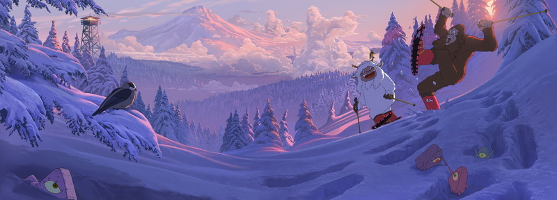 landscape, sasquatch, Oregon, travel oregon, 2K, Hayao Miyazaki, squatch, Yeti, snowshoes, vacation, Studio Ghibli, Portland, digital painting