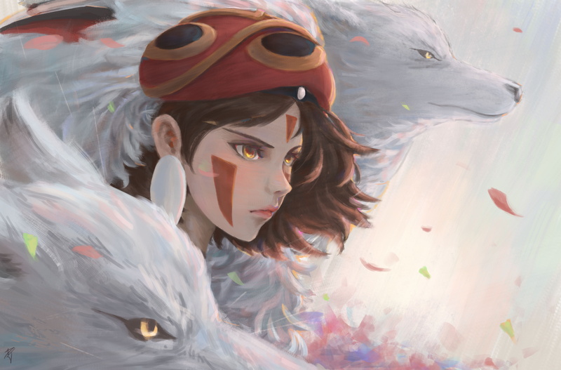 4K, mask, mononoke, princess, hair, eyes, brown, orange, girl, wolf