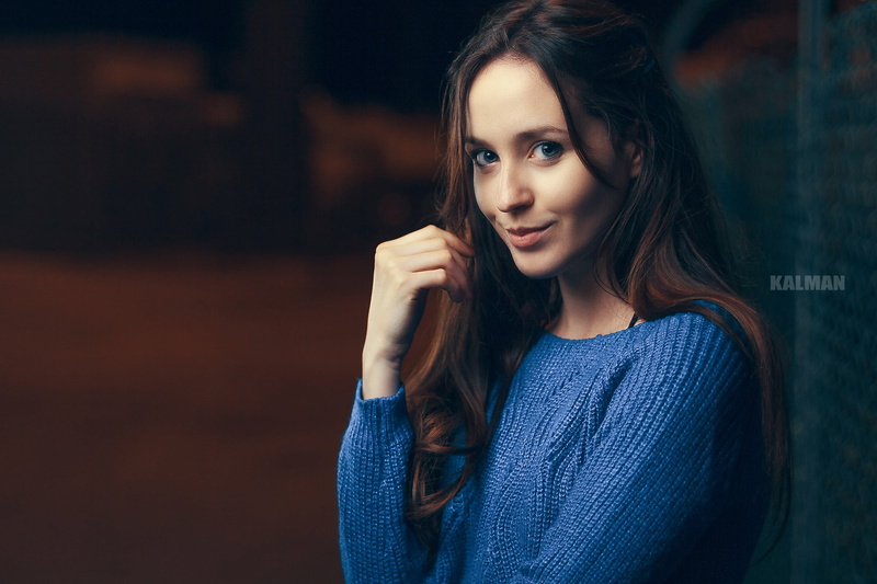 1080P, long hair, teenager, blue sweater, young women, one person, Victor Kalman, looking at camera, adult, casual clothing, depth of field, contemplation