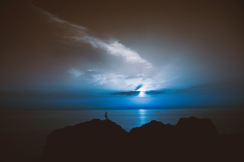 silhouette, back Lit, sunrise - Dawn, rock - Object, cloud - Sky, 2K, nature, blue, storm, no People, horizon over water, landscape, mountain Peak, religion