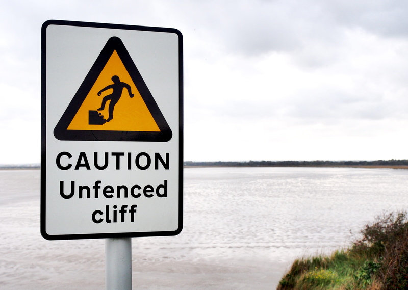 no people, road sign, unstable, warning, communication, guidance, cloud - sky, outdoors, road warning sign, problem, notice, western script, sea, 4K, cliff