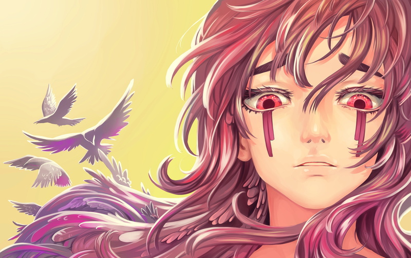 eyes, face, 2K, birds, girls, yuuza, glance, fly, anime, hair, original