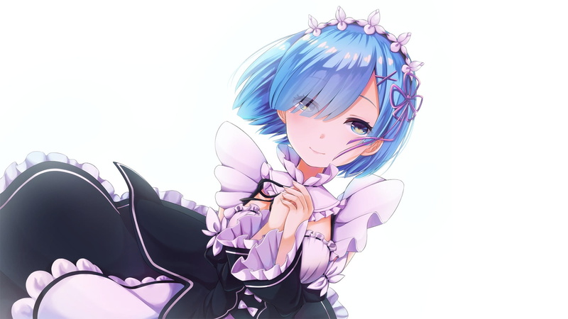 Re:Zero Kara Hajimeru Isekai Seikatsu, smiling, multi colored, Rem (Re: Zero), maid outfit, hair, long, creativity, blue eyes, black, purple, graphic, cut out