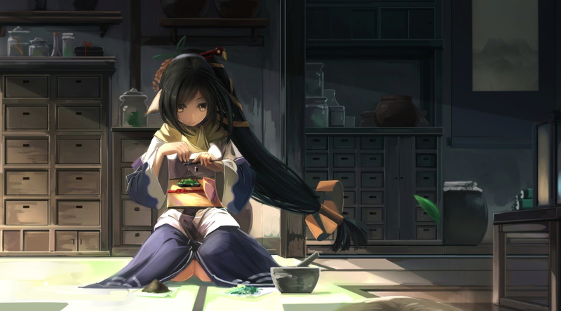 leisure activity, domestic room, hair ornament, bow, Utawarerumono, character, anime, Kuon (Utawarerumono), holding, front view, one person