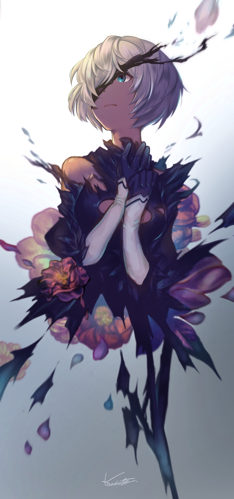 Nier: Automata, petal, women, gray, blue, pink Color, low angle view, plant, backgrounds, NieR, white, haired, full length, torn clothes, bouquet, blond hair