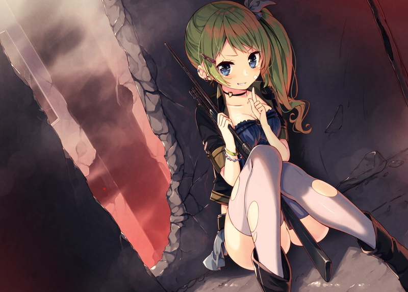 gun, anime, weapon, 480P, ponytail, sniper rifle, torn clothes, original characters, anime girls