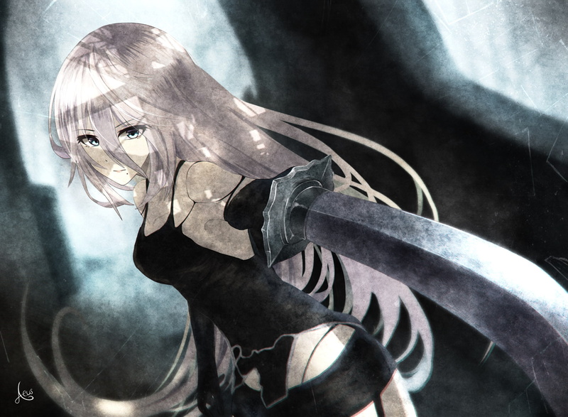 trees, torn clothes, sword, forest, 1080P, blue eyes, Nier: Automata, Akagami no Shirayukihime, long hair, NieR, white hair, weapon, 2B (Nier: Automata