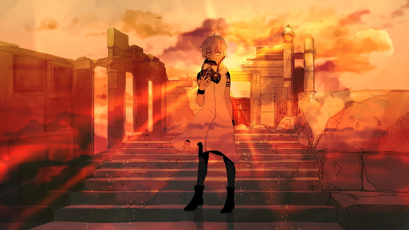 mask, 4K, tattoo, sunset, anime, boots, torn clothes, ruins, short hair, stairs, anime girls