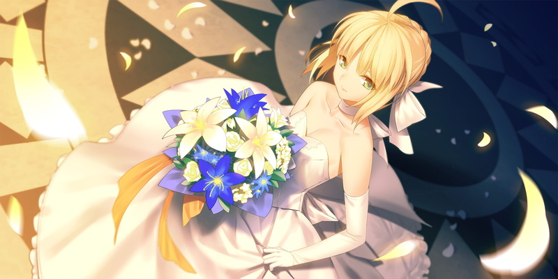 petals, anime, Fate Series, cleavage, flowers, ornamented, blonde, wedding dress, weddings, choker, Saber, elbow gloves, green eyes, 1080P, Fate/Stay Night