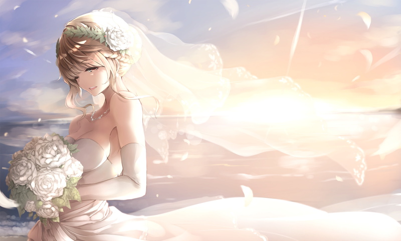 sunlight, plant, wedding dress, anime girls, fragility, outdoors, original characters, bride, 5K, flowering plant, real people, orange eyes, vulnerability