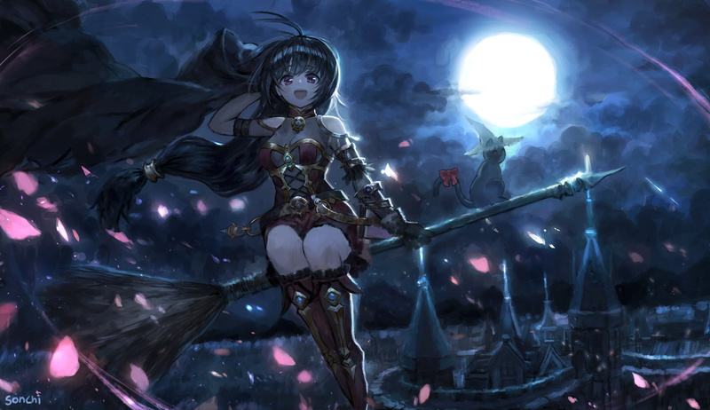 night, cat, pink eyes, black hair, gloves, 1080P, witch, long hair, anime, sky, elbow gloves, Moon, dark, dress, clouds, building