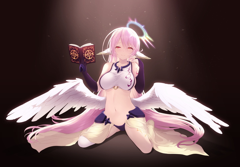 jibril, hair, life, long, 2K, konachan, game, com, 261537, animal, pink, wings, ears, elbow, halo, book, gloves, cait