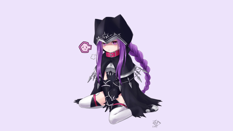 purple eyes, blushing, white background, long hair, collars, armor, hoods, Rider (Fate/Grand Order), purple hair, Fate Series, gloves, cape, elbow gloves
