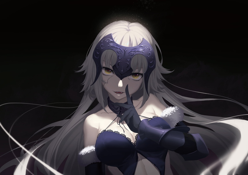 creativity, gloves, 2K, bone, black background, long hair, white hair, cleavage, mystery, indoors, close-up, smiling, technology, motion, Ruler (Fate/Apocrypha)