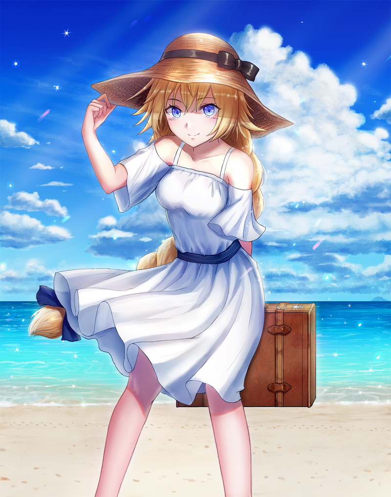 white dress, Ruler (Fate/Apocrypha), water, beautiful woman, one person, portrait, Fate/Apocrypha, beach, Jeanne dArc, clothing, horizon over water, 720P