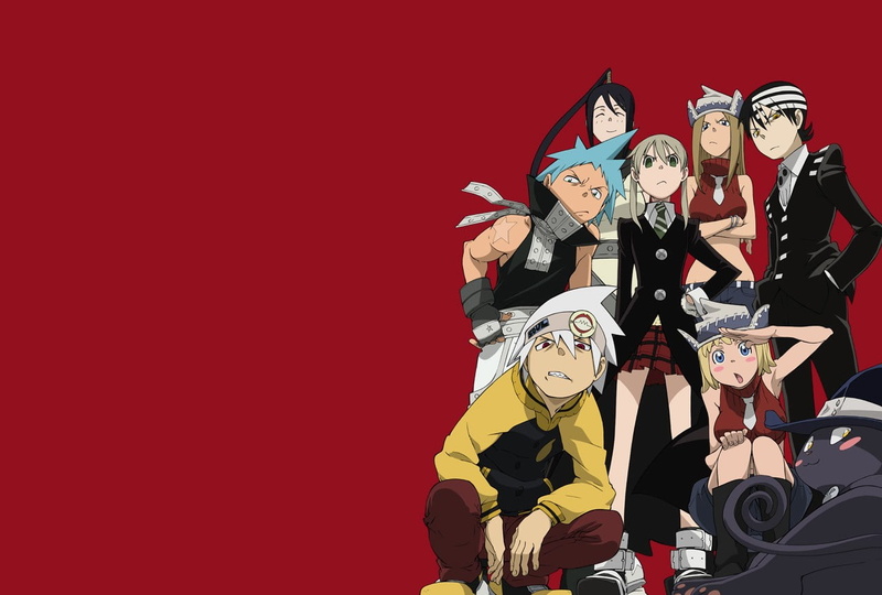 side by side, BlackStar, red, studio shot, Soul Evans, representation, Soul Eater, Maka Albarn, men, adult, Tsubaki Nakatsukasa, copy space, human representation