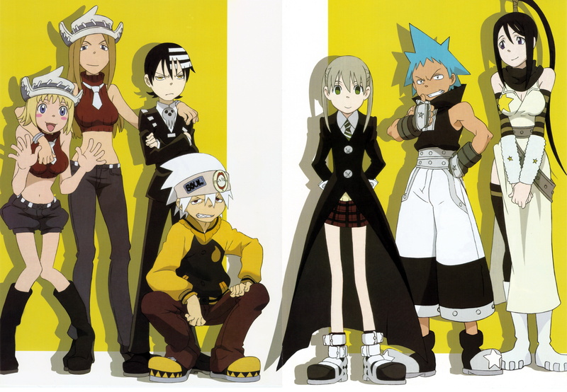 Death The Kid, human representation, Tsubaki Nakatsukasa, human skeleton, BlackStar, fun, anime girls, standing, Maka Albarn, Elizabeth Thompson, toy, yellow