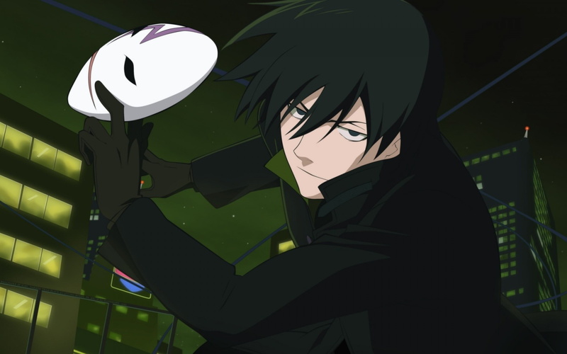 mask, illuminated, obscured face, waist up, night, 2K, men, disguise, nature, leisure activity, lifestyles, standing, green color, Darker than Black, focus on foreground