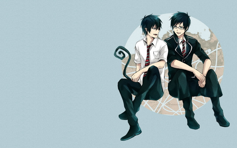 front view, sitting, studio shot, anime, anime boys, tail, lifestyles, young women, men, young adult, adult, women, casual clothing, glasses, indoors, Blue Exorcist