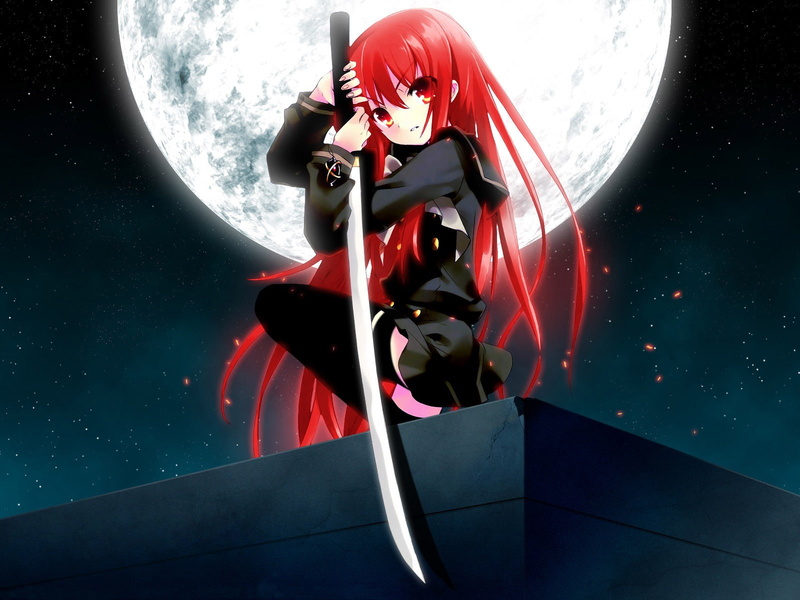 school uniform, red eyes, Shana, long hair, stockings, anime girls, Moon, 720P, redhead, Shakugan no Shana, anime