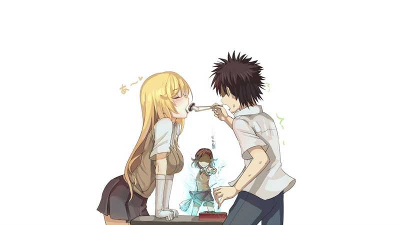 elbow, male, shokuhou, misaki, blush, kamijou, black, skirt, shorts, hair, misaka, gloves, seifuku, touma, blonde, 720P, food, walzrj, long, mikoto