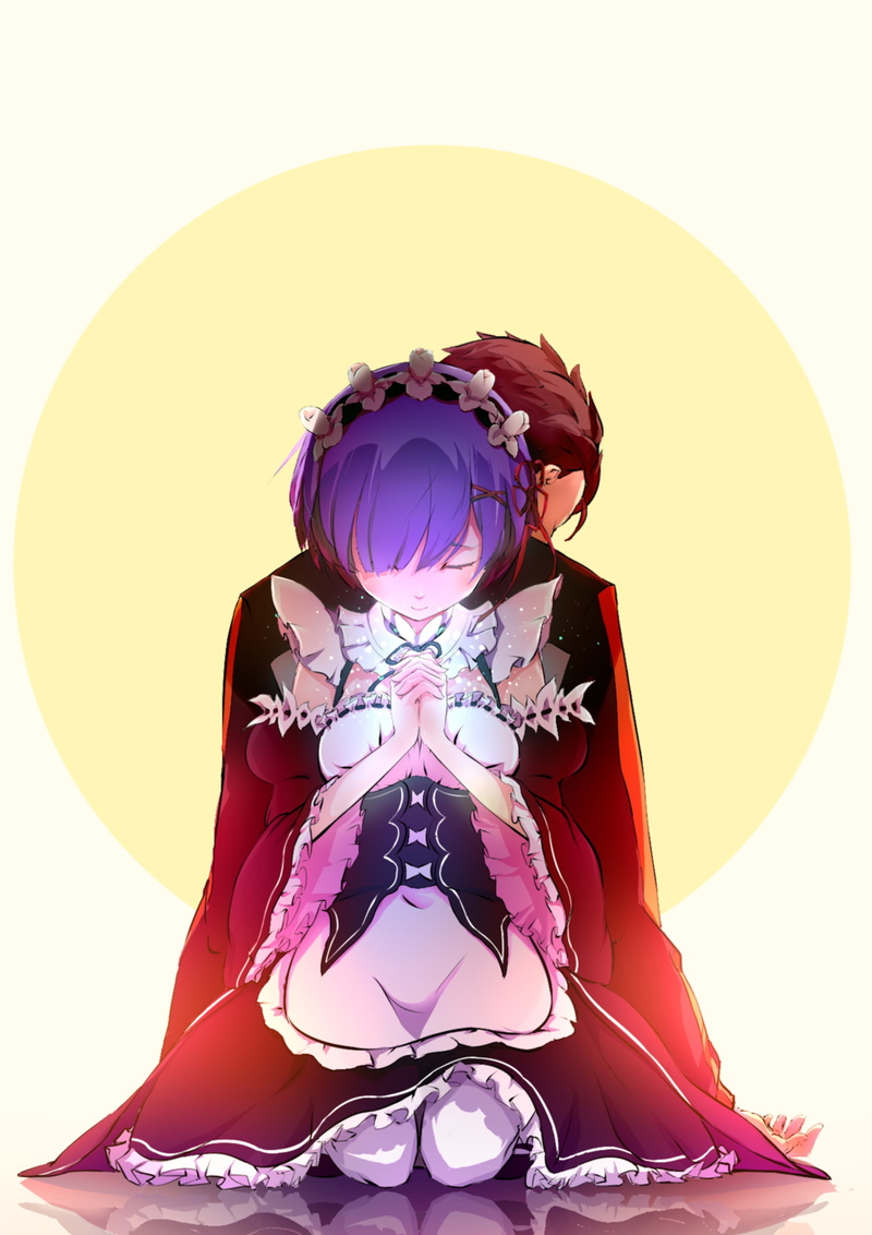 clothing, multi colored, natsuki subaru x rem, re: zero, colored background, art and craft, front view, romance, no people, ornate, studio shot, praying