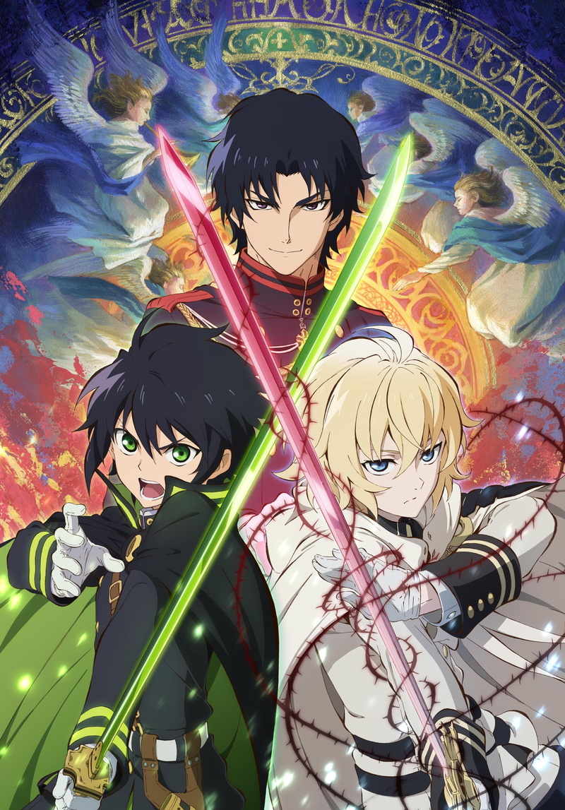 indoors, 2K, owari no seraph, ichinose guren, Anime, multi colored, female likeness, belief, bone, paintings, pattern, hyakuya mikaela, hyakuya yuuichirou