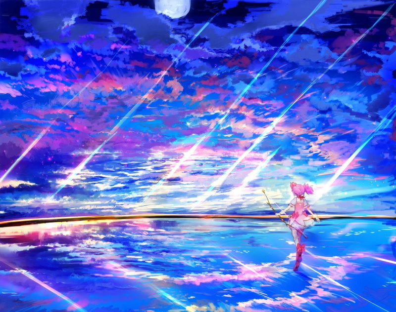 anime girls, sport, aquatic sport, adult, Kaname Madoka, men, people, reflection, sky, nature, anime, outdoors, swimming pool, water, competition, 480P