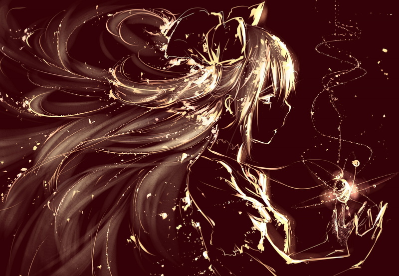 anime girls, creativity, anime, indoors, illuminated, studio shot, night, close-up, glowing, black background, 2K, Mahou Shoujo Madoka Magica, no people