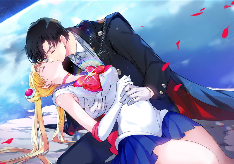 school uniform, short hair, Tsukino Usagi, Sailor Moon, 720P, skirt, black hair, closed eyes, blonde, kissing, long hair, elbow gloves, cape, sleeping