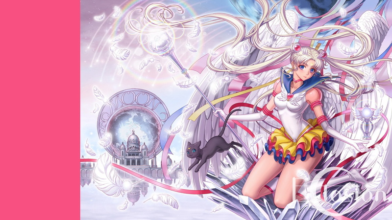 wings, animal, feathers, cat, sailor, usagi, luna, (sailor, 1080P, ribbons, moon, rainbow, eclosion, moon), tsukino, staff