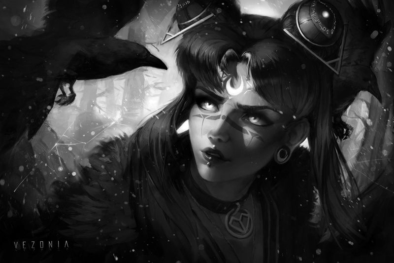 artwork, twintails, crescent moon, monochrome, fan art, Tsukino Usagi, piercing, 1080P, choker, illustration, portrait, Sailor Moon, digital art, crow