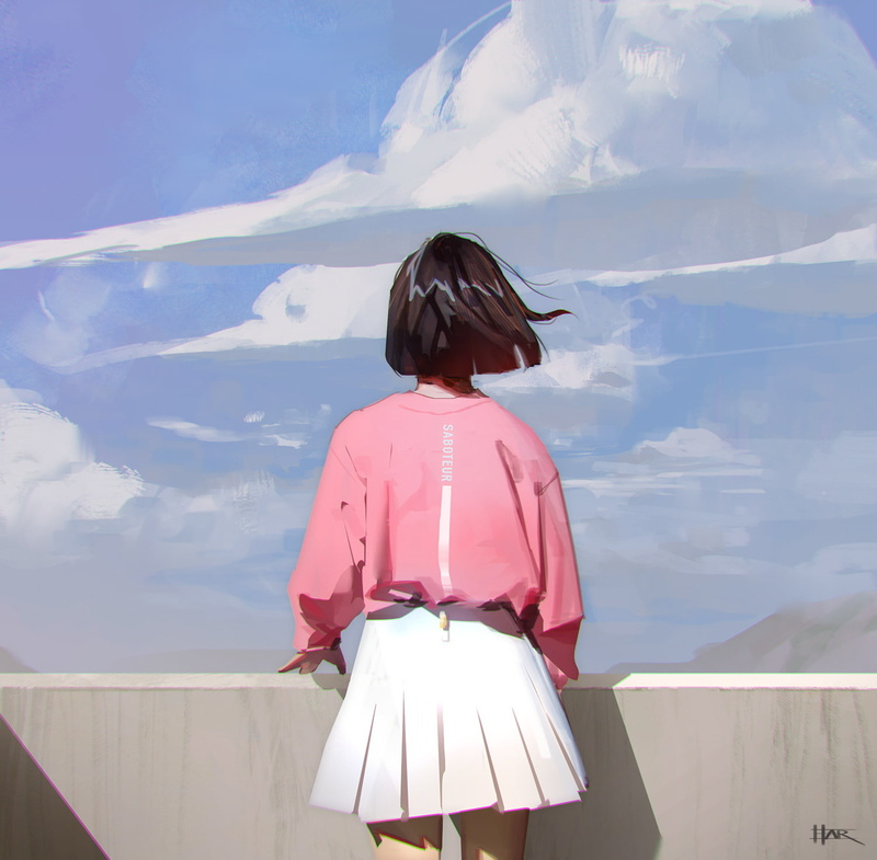 720P, artwork, anime, anime girls, Robin Har, clouds, digital, miniskirt, concept art