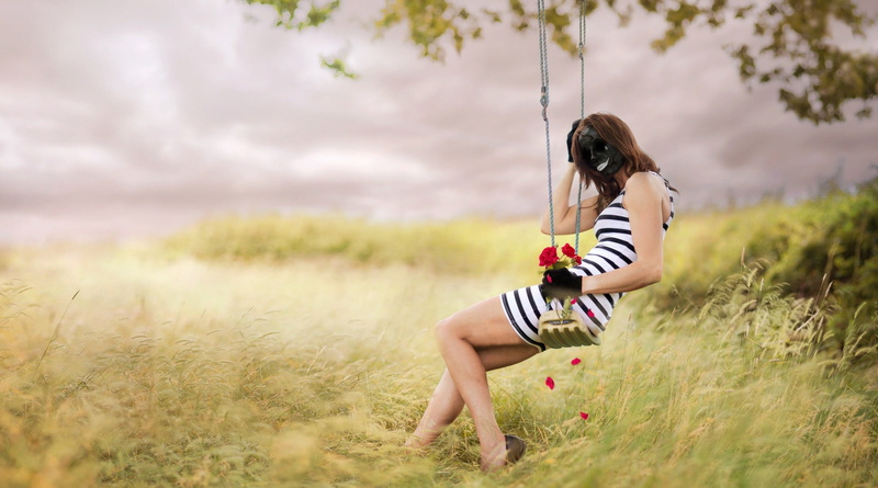 sky, flowers, safety harness, mask, outdoors, beauty, carefree, women, land, model, clothing, one person, swings, 1080P, women outdoors, nature, beautiful woman