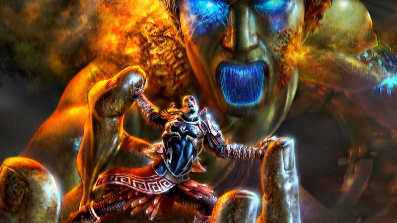 statue, sculpture, night, male likeness, brown, panoramic, creativity, outdoors, blue, belief, God of War, human representation, PSP, digital, God Of War II